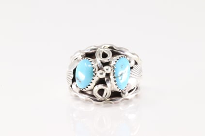 Native America Navajo Sterling Silver Turquoise Ring 2 Stone By By Max Calladitto.