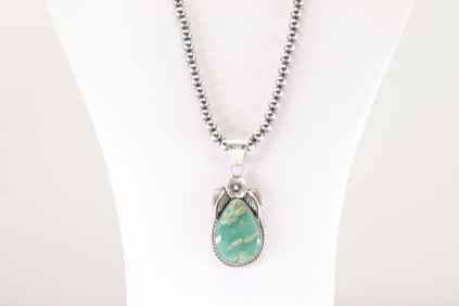Native America Navajo Sterling Silver Kingman Turquoise Pendant By Jimson Belin. With Pearl Beaded