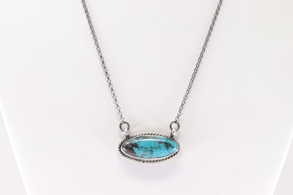 Native America Navajo Sterling Silver Campitos Turquoise Necklace By Johnny Dixon.