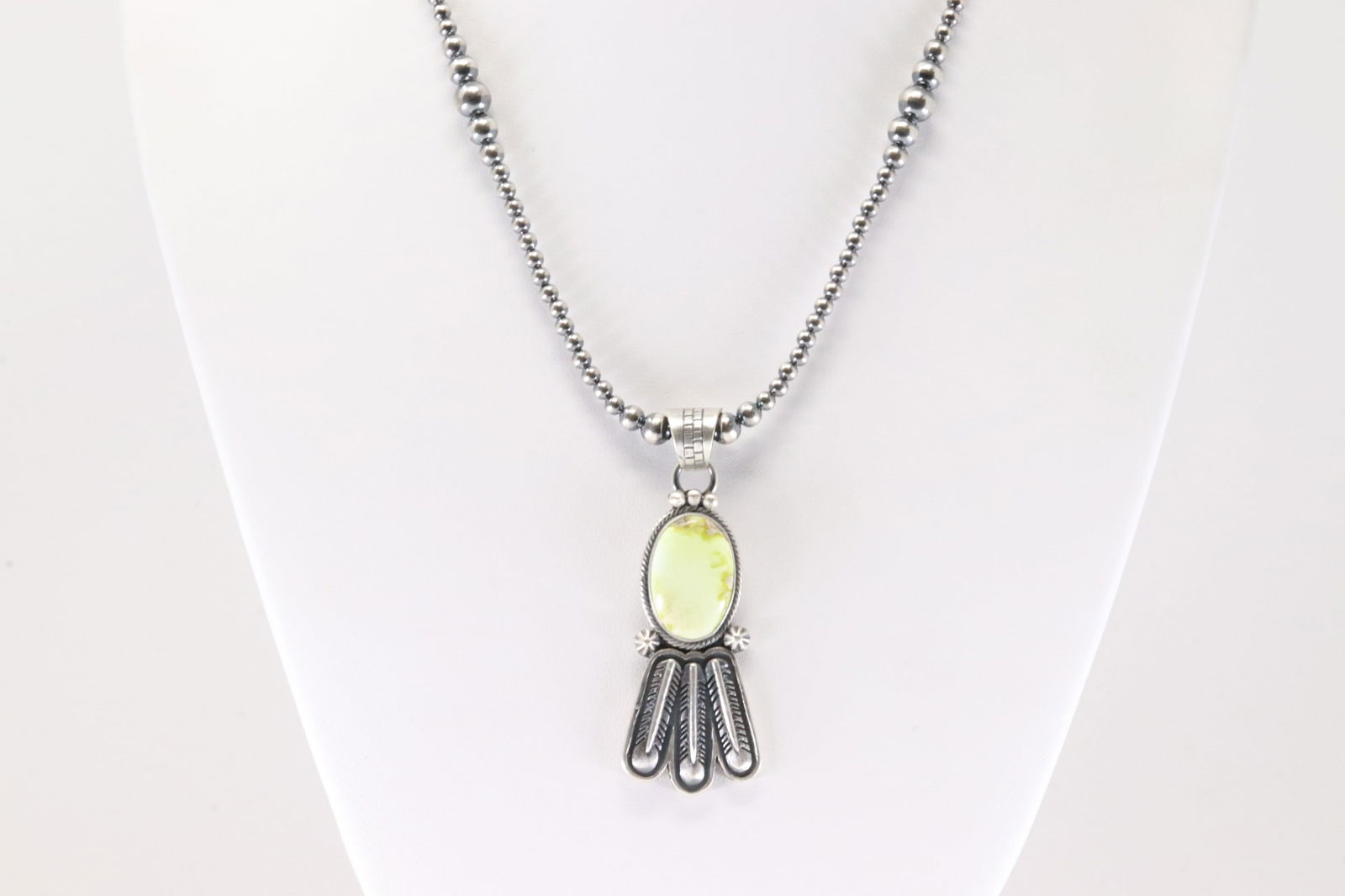 Native America Navajo Sterling Silver Palomino Turquoise Pendant By Marita Banally. With Pearl: This is a Native America Navajo Sterling Silver Palomino Turquoise Pendant By Marita Banally. With Pearl Beaded Sterling Silver Machine Made Necklace. Necklace length: 16.00"