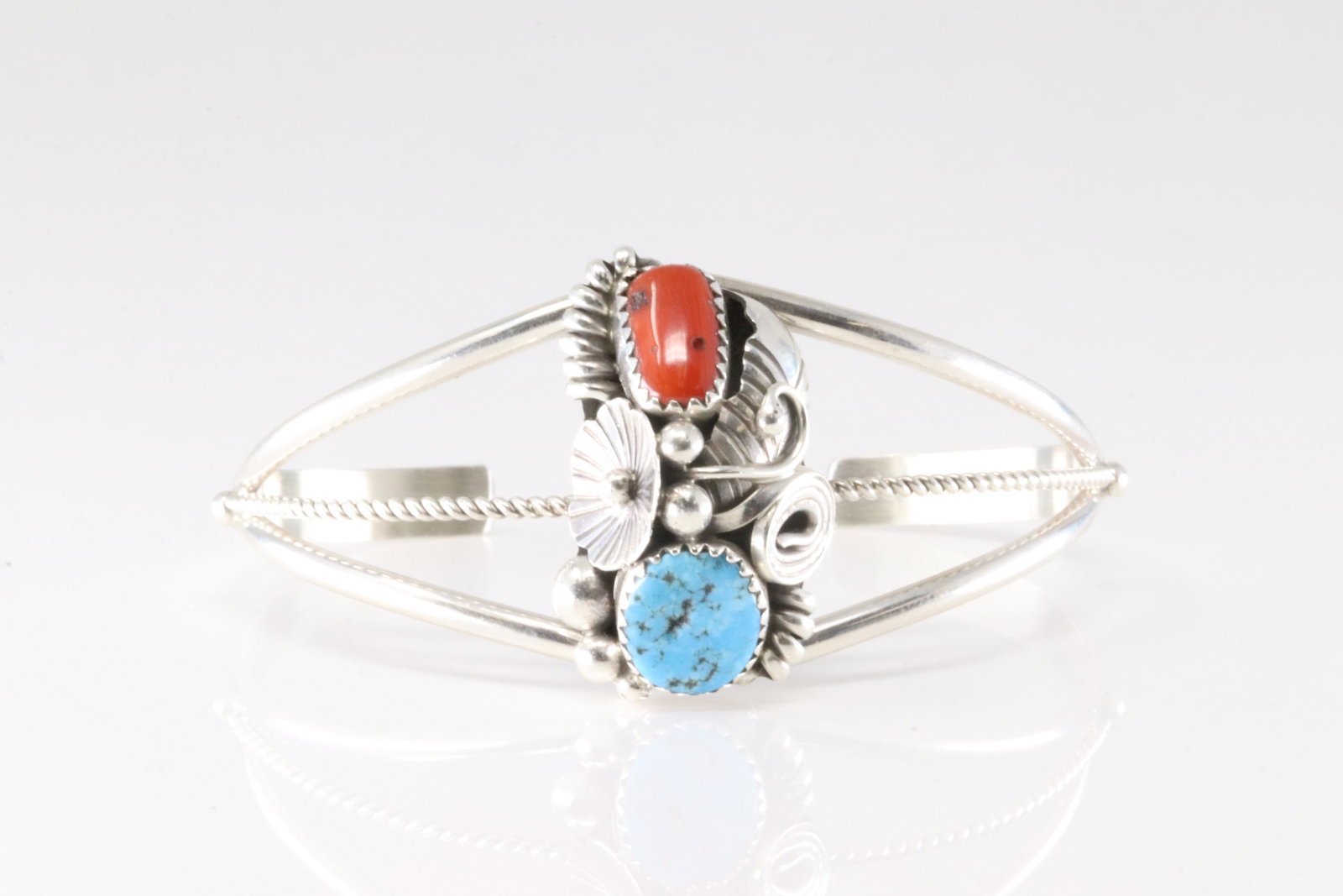 Native America Navajo Sterling Silver Coral & Turquoise Bracelet Cuff By Max Calladitto.: This is a Native America Navajo Sterling Silver Coral & Turquoise Bracelet Cuff By Max Calladitto.
