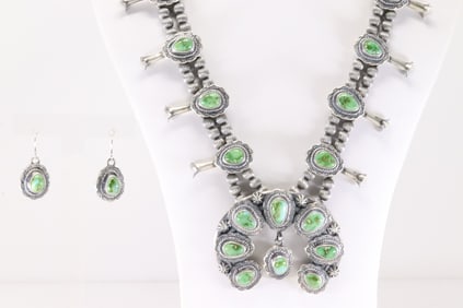 Native America Navajo Sterling Silver Sonora Gold Turquoise Squash Blossom Necklace & Earring's Set
