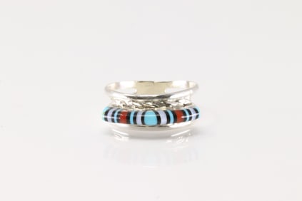 Native America Zuni Sterling Silver Multi-Color Inlay Ring By Victor Meza.