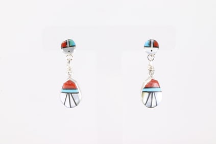 Native America Zuni Sterling Silver Multi-Color Inlay Post / Dangling Earring's By Ola Eriacho.