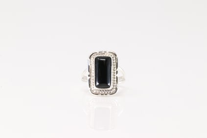 Native America Navajo Sterling Silver Black Onyx Ring By Peggy Skeets.