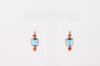 Native America Navajo Sterling Silver Coral & Turquoise Dangling Earring's By Gary Shorty.