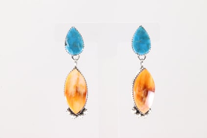 Native America Navajo Sterling Silver Spiny Oyster & Turquoise Post Dangling Earring's By Selina
