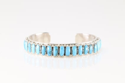 Native America Navajo Sterling Silver Kingman Turquoise Bracelet Cuff By Juspert Wilson.