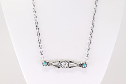 Native America Navajo Sterling Silver Turquoise Necklace By Marie Benally.