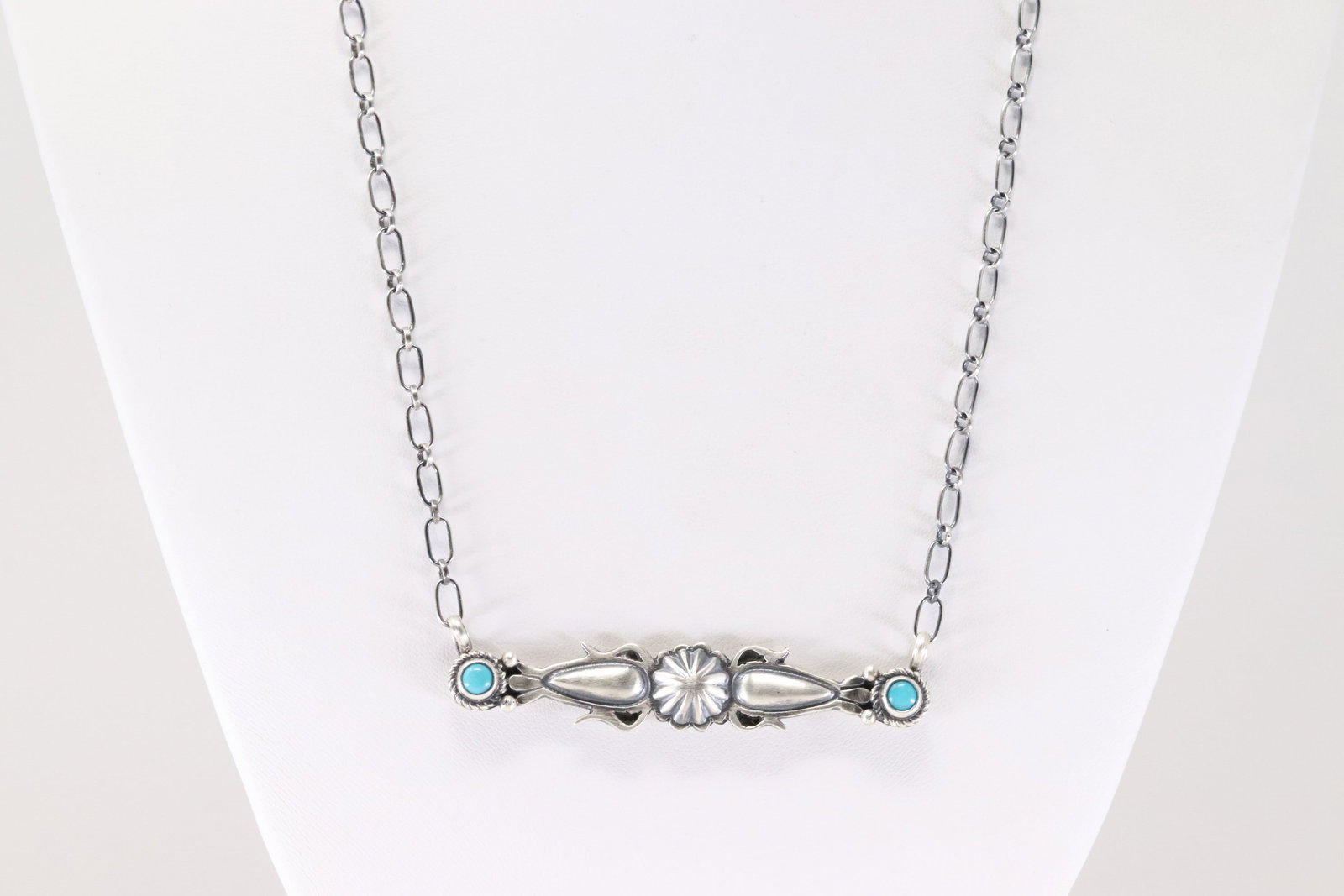 Native America Navajo Sterling Silver Turquoise Necklace By Marie Benally.: This is a Native America Navajo Sterling Silver Turquoise Necklace By Marie Benally. Necklace length: 18.00"