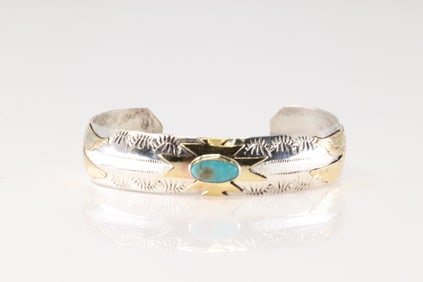 Native America Navajo Sterling Silver Turquoise Bracelet Cuff By G.J.