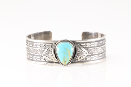 Native America Navajo Sterling Silver Kingman Turquoise Bracelet Cuff By Sunshine Reeves.