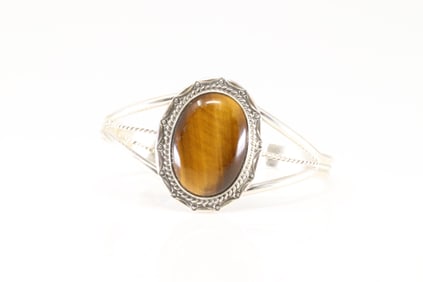 Native America Navajo Sterling Silver Tiger Eye Bracelet Cuff By Reene Yazzie.
