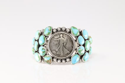 Native America Navajo Sterling Silver Sonora Gold Turquoise Liberty Dollar Coin Bracelet Cuff By