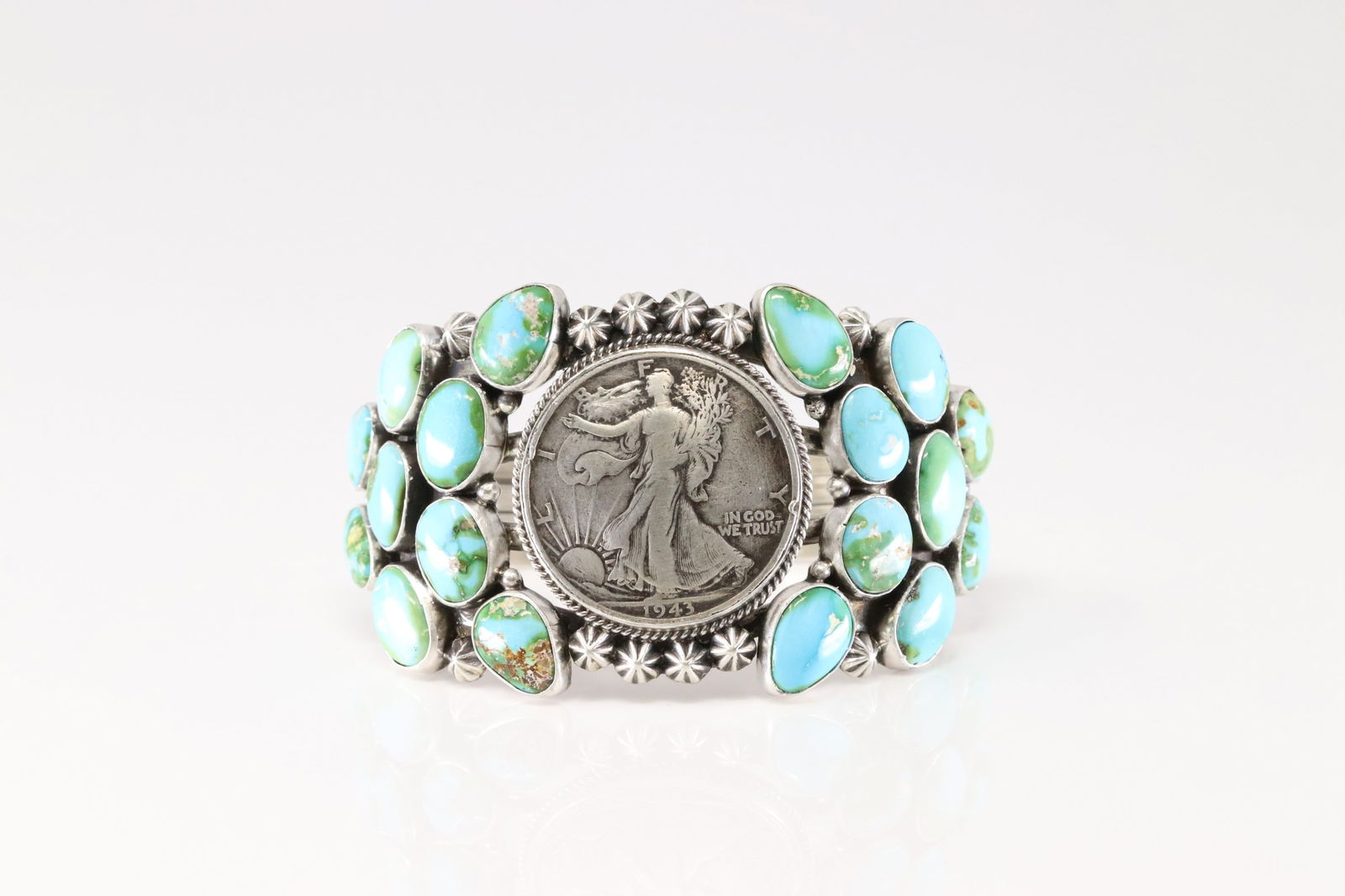 Native America Navajo Sterling Silver Sonora Gold Turquoise Liberty Dollar Coin Bracelet Cuff By (1 of 4)