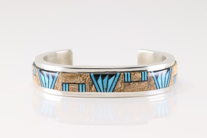 Native America Navajo Sterling Silver Multi-Color Stone Inlay Bracelet Cuff By Rick Tolino.