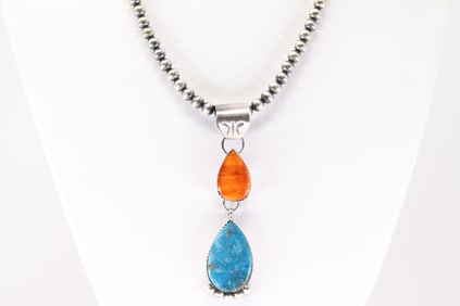 Native America Navajo Sterling Silver Spiny Oyster & Turquoise Necklace By Selina Warner.