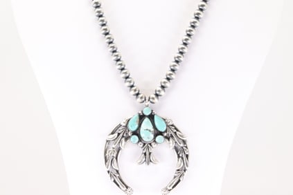 Native America Navajo Sterling Silver Turquoise Naja Necklace By Bobby Platero.