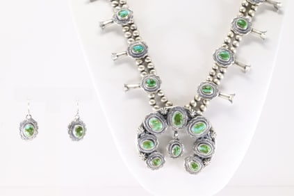 Native America Navajo Sterling Silver Sonora Gold Turquoise Squash Blossom Necklace & Earring's Set
