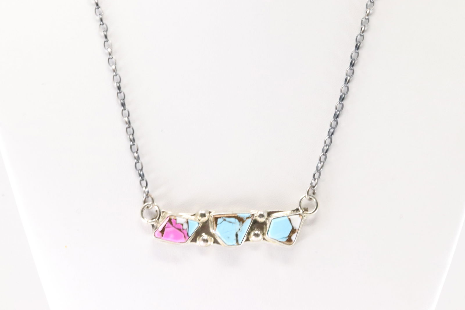 Native America Zuni Sterling Silver Cotton Candy Necklace By Jude Candelaria.: This is a Native America Zuni Sterling Silver Cotton Candy Necklace By Jude Candelaria. Necklace length: 16.00"