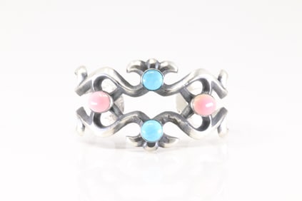 Native America Navajo Sterling Silver Pink Conch Shell & Turquoise Bracelet Cuff By Chimney Butte.