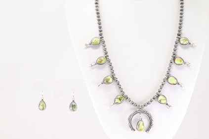 Native America Navajo Sterling Silver Palomino Turquoise Squash Blossom Necklace & Earring's Set By