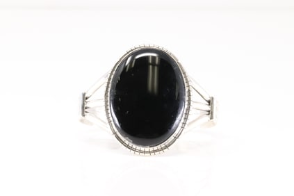 Native America Navajo Sterling Silver Black Onyx Bracelet Cuff By S.E.