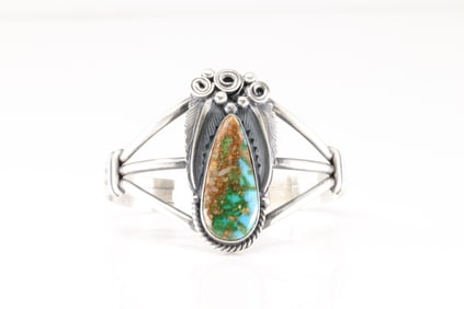 Native America Navajo Sterling Silver Sonora Gold Turquoise Bracelet Cuff By Jimmy Lee.