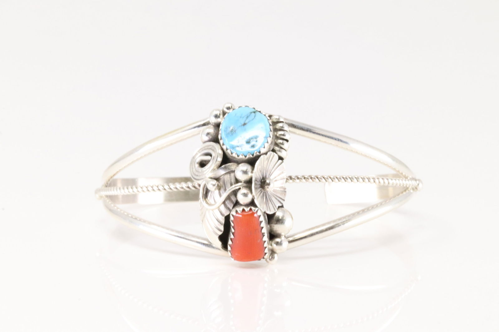 Native America Navajo Sterling Silver Coral & Kingman Turquoise Bracelet Cuff By Max Calladitto. (1 of 4)