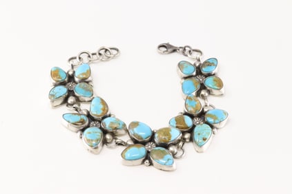 Native America Navajo Sterling Silver Kingman Turquoise Bracelet Link By Shelia.