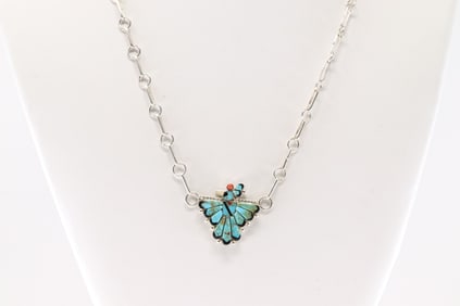 Native America Zuni Sterling Silver Multi-Color Stone Thunderbird Necklace By Michelle Peina.