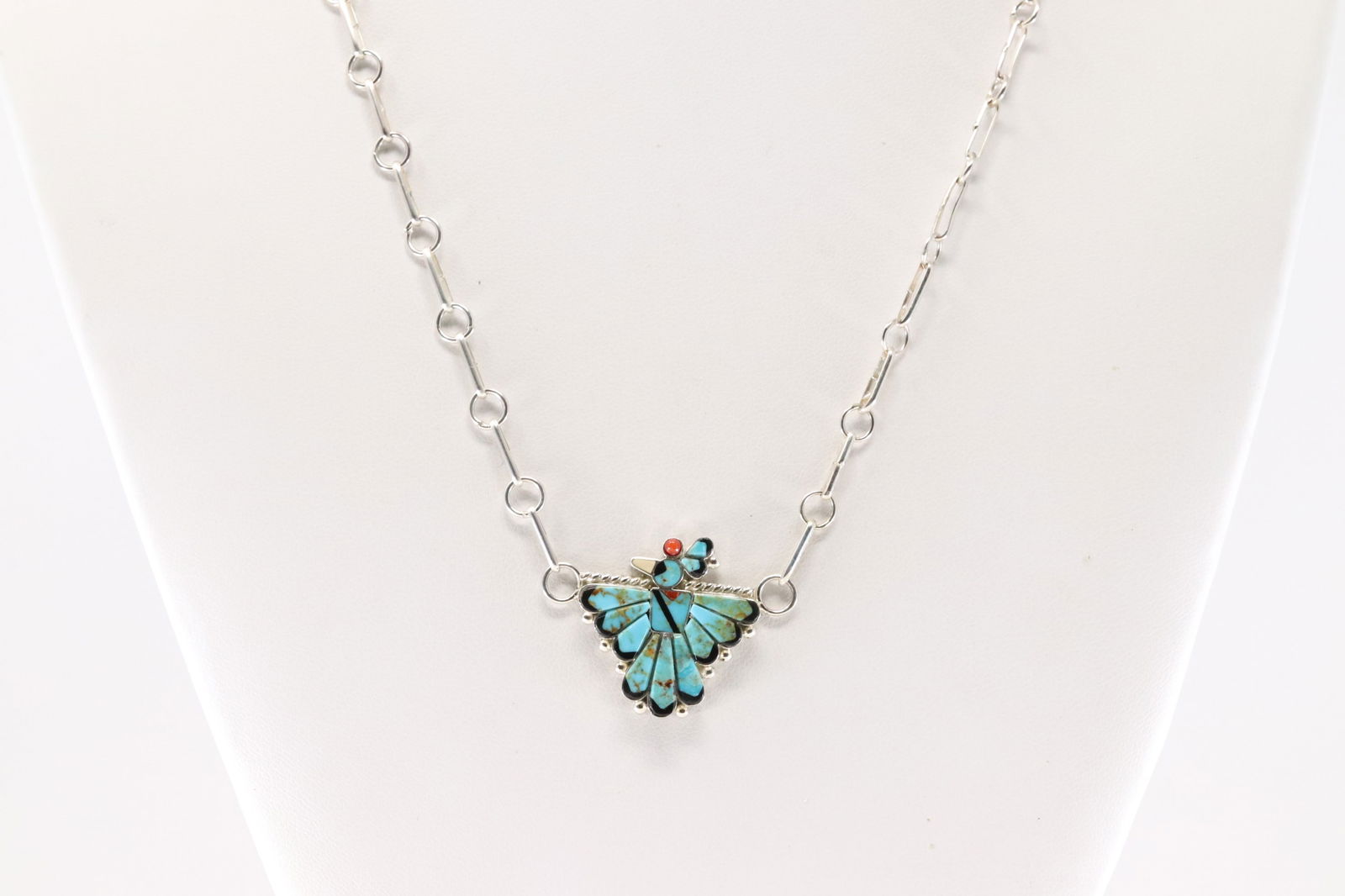 Native America Zuni Sterling Silver Multi-Color Stone Thunderbird Necklace By Michelle Peina. (1 of 4)