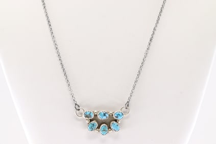 Native America Navajo Sterling Silver Kingman Turquoise Necklace By Maxine Ramirez.