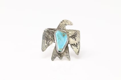 Native America Zuni Sterling Silver Turquoise Thunderbird Ring By Jude Candelaria.