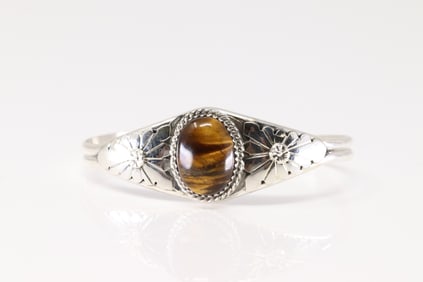 Native America Navajo Sterling Silver Tiger Eye Bracelet Cuff By Y.