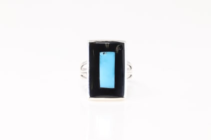 Native America Navajo Sterling Silver Black Onyx & Turquoise Ring By H.M.C.