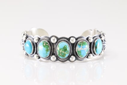 Native America Navajo Sterling Silver Kingman Turquoise Bracelet Cuff By Tom Lewis.