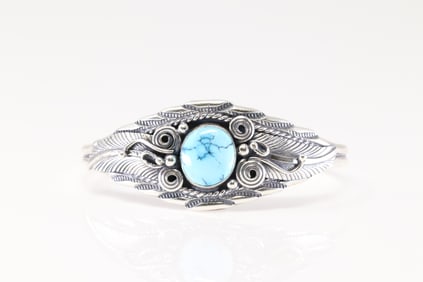 Native America Navajo Sterling Silver Turquoise Bracelet Cuff By D.M.