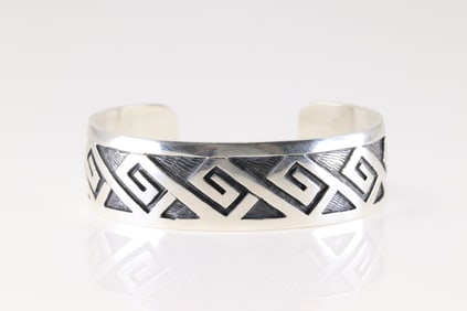 Native America Navajo Sterling Silver Satmped Design Bracelet Cuff By Timothy Mowa.
