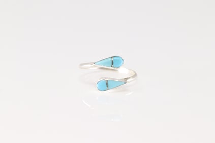Native America Zuni Sterling Silver Turquoise Inlay Ring By Velda Nastacio.