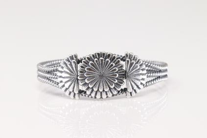 Native America Navajo Sterling Silver Solid Stamped Design Bracelet Cuff By Louise Joe.