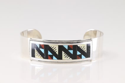 Native America Zuni Sterling Silver Multi-Color Stone Inlay Bracelet Cuff By Leander Othole.