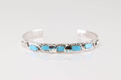 Native America Zuni Sterling Silver Turquoise Bracelet Cuff By Joy Calabaza.