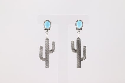 Native America Navajo Sterling Silver Turquoise Cactus Post / Dangling Earring's By Annie Spencer.