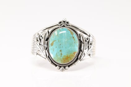 Native America Navajo Sterling Silver Kingman Turquoise Bracelet Cuff By Loretta Delgarito.