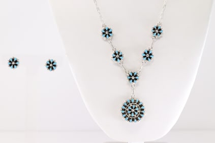 Native America Navajo Sterling Silver Turquoise Necklace & Earring Set By Tricia Leekity.