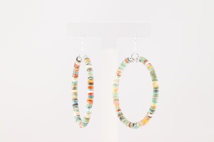 Native America Navajo Sterling Silver Multi-Color Stone Hoop Earring's.