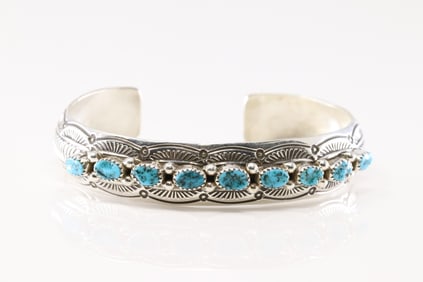 Native America Navajo Sterling Silver Kingman Turquoise Bracelet Cuff By G.S.