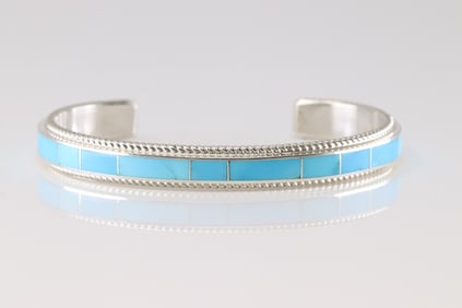 Native America Zuni Sterling Silver Turquoise Inlay Bracelet Cuff By Rick Booqua.