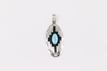 Native America Navajo Sterling Silver Turquoise Pendant By Felix Perry.